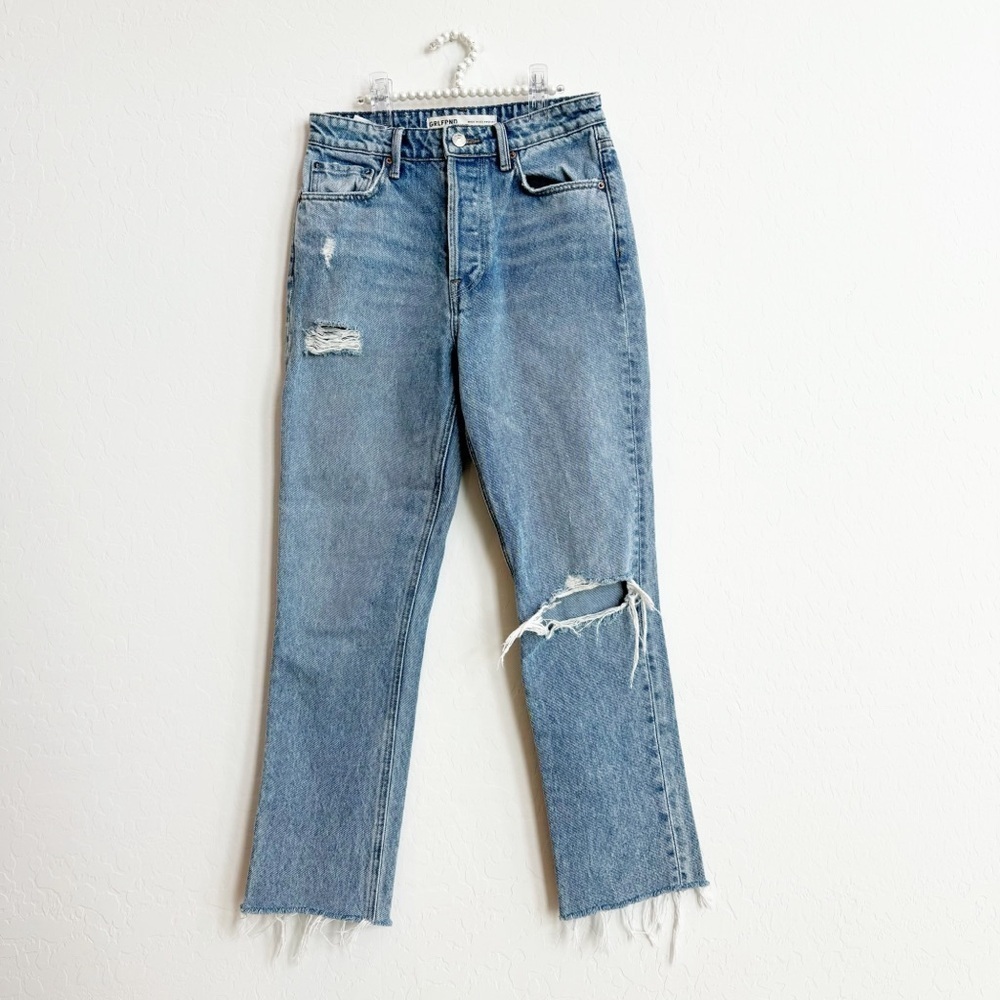 GRLFRND Women’s Karolina Jeans High Rise Straight Crop Larchmont W/ Rips 25 - Picture 2 of 10
